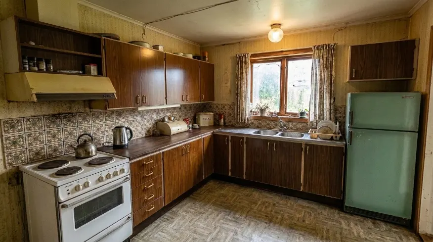 Cuisine avant travaux : meubles en bois foncé, carrelage à motifs, réfrigérateur vert, sol vinyle usé.