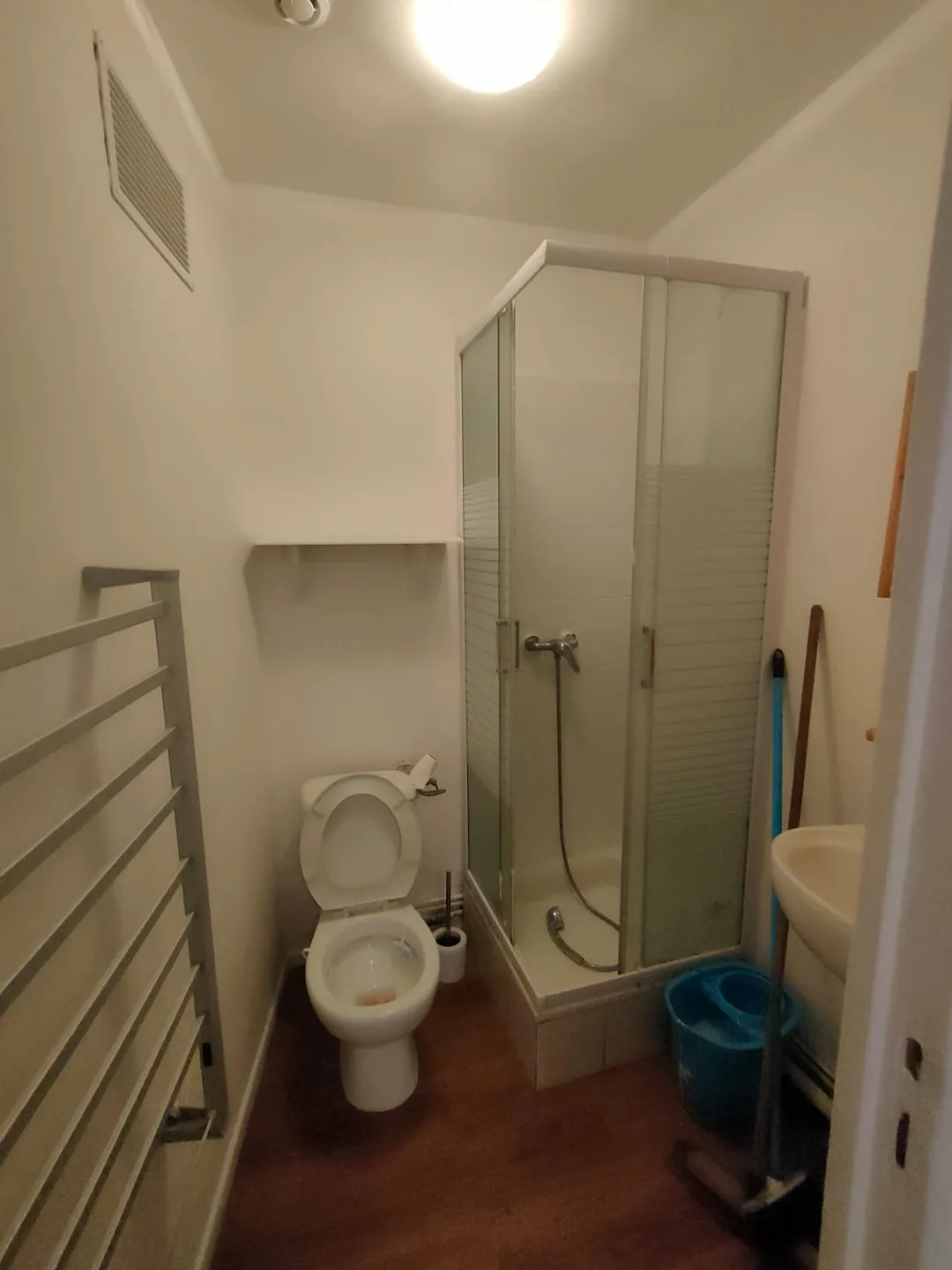 Salle d'eau refaite : WC, cabine de douche, sèche-serviettes et sol neuf.