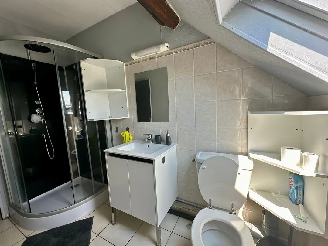 Salle d'eau sous combles : cabine de douche, meuble vasque et WC.