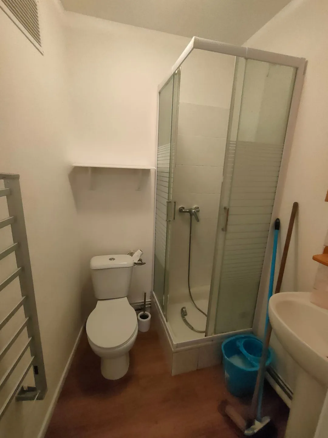 Salle d'eau terminée : WC, douche, lavabo et sèche-serviettes.