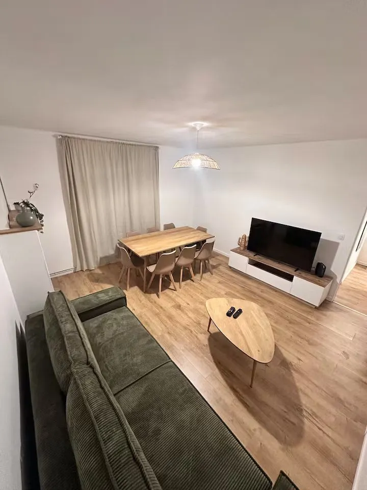 Séjour meublé : canapé vert, table basse, salle à manger et télévision.