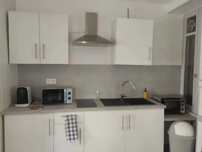 Cuisine équipée blanche avec hotte, plaque, micro-ondes et évier.