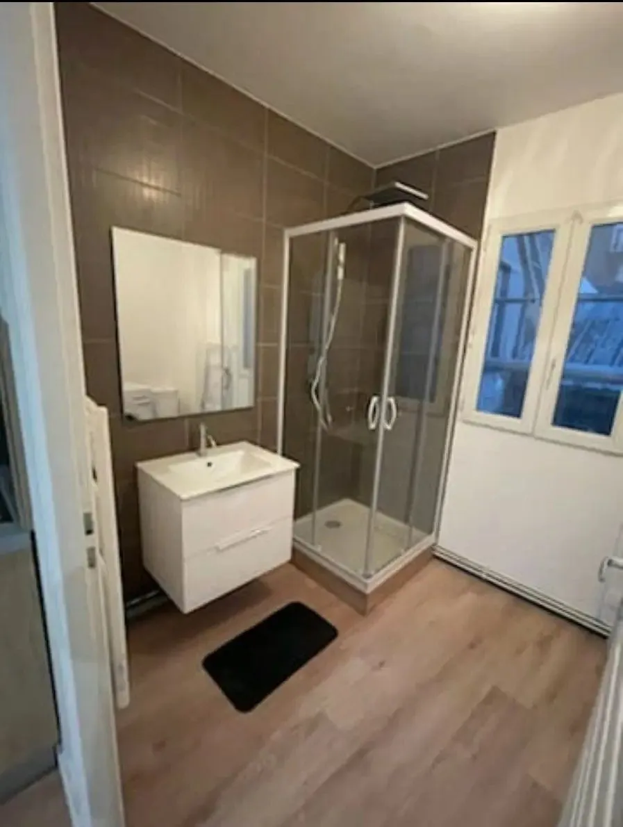 Salle d'eau neuve : cabine de douche, meuble vasque et miroir.
