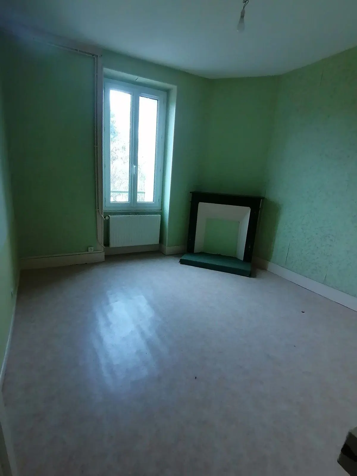 Chambre vide aux murs verts avec cheminée condamnée.
