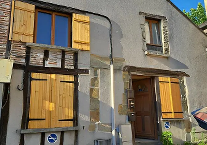 Maison ancienne divisée détenu par Ornella Poulain. Façade à colombages et volets bois.