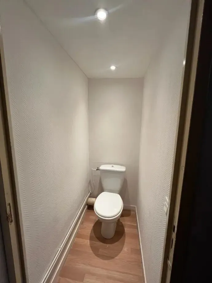 Cabinet de toilette repris, WC et murs blancs.