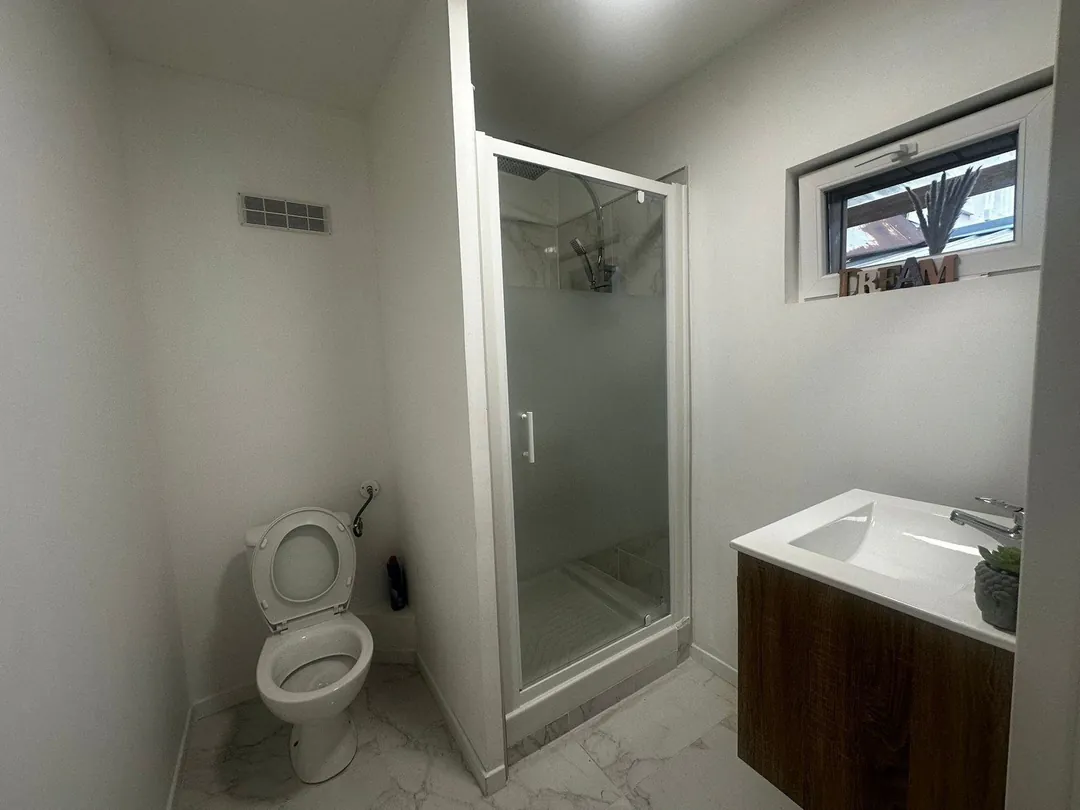 Salle d'eau neuve : cabine de douche, WC, meuble vasque en bois.