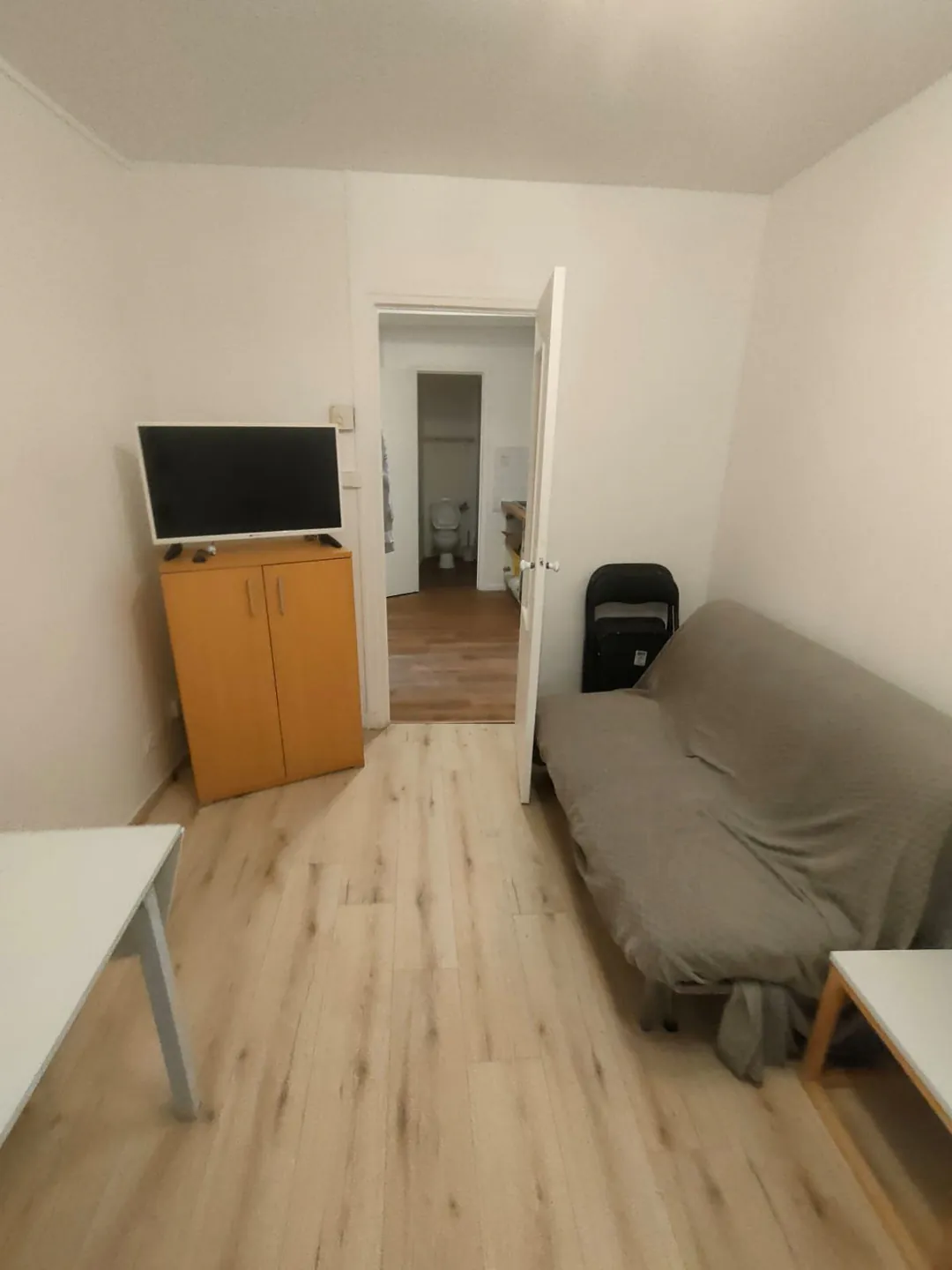 Séjour aménagé, avec bureau, téléviseur et canapé convertible.